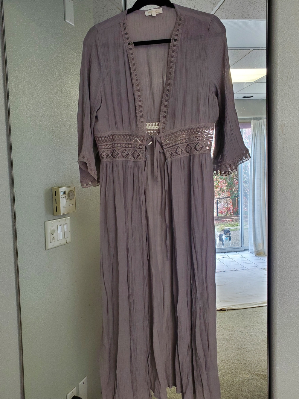 Rebellion Dusty Mauve Crochet-Trim Long Open Cardigan